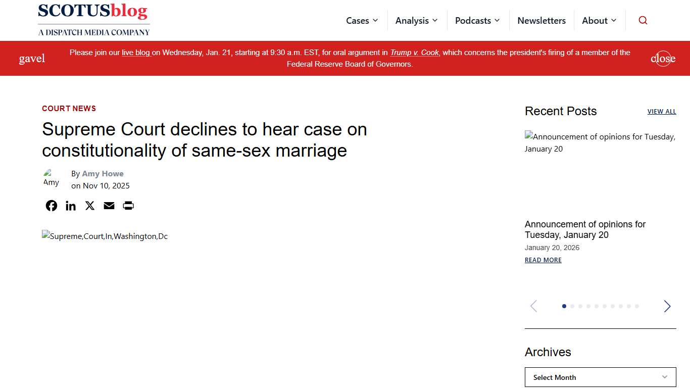 Supreme Court declines to hear case on constitutionality of same-sex marriage - SCOTUSblog